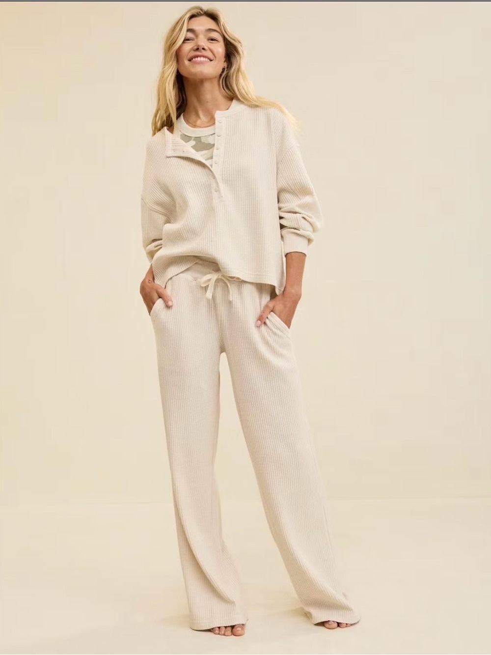 Aerie Essential Waffle Trouser Wide Leg Pants Heather Frost Lounge Wear Relaxed
